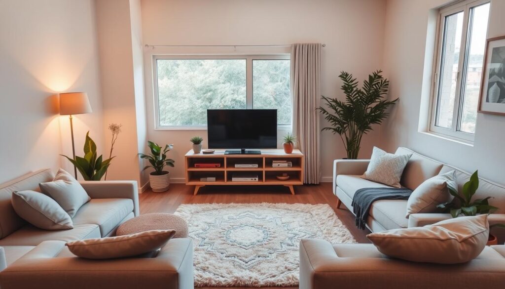 A cozy, well-lit small living room with a minimalist TV stand. The room features warm, natural lighting from a large window, illuminating a clean, contemporary design. A low-profile TV stand with open shelves displays decorative items and media components. Soft, neutral-toned furnishings create a calming atmosphere, while a plush area rug and potted plants add natural accents. The overall layout is thoughtfully arranged to maximize the limited space, showcasing an efficient, visually appealing living area. A cozy, well-lit small living room with a minimalist TV stand. The room features warm, natural lighting from a large window, illuminating a clean, contemporary design. A low-profile TV stand with open shelves displays decorative items and media components. Soft, neutral-toned furnishings create a calming atmosphere, while a plush area rug and potted plants add natural accents. The overall layout is thoughtfully arranged to maximize the limited space, showcasing an efficient, visually appealing living area.