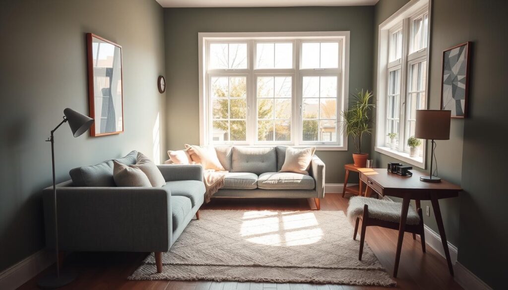 A cozy, well-lit small room with a gray couch as the focal point. The walls feature a muted green-gray color scheme, creating a serene and calming atmosphere. The room is filled with natural light from large windows, casting a warm glow throughout. Complementary textiles, such as beige throw pillows and a soft, textured rug, add depth and visual interest. Subtle mid-century modern furniture pieces, including a wooden side table and a sleek lamp, contribute to the room's sophisticated aesthetic. The overall composition showcases how a gray couch can be effortlessly integrated into a harmonious color palette, creating a welcoming and visually appealing small living space. A cozy, well-lit small room with a gray couch as the focal point. The walls feature a muted green-gray color scheme, creating a serene and calming atmosphere. The room is filled with natural light from large windows, casting a warm glow throughout. Complementary textiles, such as beige throw pillows and a soft, textured rug, add depth and visual interest. Subtle mid-century modern furniture pieces, including a wooden side table and a sleek lamp, contribute to the room's sophisticated aesthetic. The overall composition showcases how a gray couch can be effortlessly integrated into a harmonious color palette, creating a welcoming and visually appealing small living space.