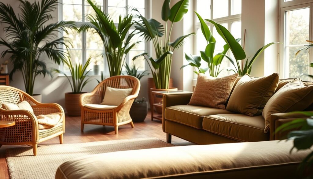 A cozy, well-lit studio space showcasing an assortment of eco-friendly sofa materials. In the foreground, a plush velvet sofa in a muted olive green hue, accented with natural jute throw pillows. In the middle ground, a woven rattan armchair and a sleek wooden coffee table with a glass top. The background features tall, lush potted plants, with natural light flooding in from large windows, casting a warm, inviting glow. The overall aesthetic is one of sustainable, minimalist design, conveying a sense of calm and environmental consciousness. A cozy, well-lit studio space showcasing an assortment of eco-friendly sofa materials. In the foreground, a plush velvet sofa in a muted olive green hue, accented with natural jute throw pillows. In the middle ground, a woven rattan armchair and a sleek wooden coffee table with a glass top. The background features tall, lush potted plants, with natural light flooding in from large windows, casting a warm, inviting glow. The overall aesthetic is one of sustainable, minimalist design, conveying a sense of calm and environmental consciousness.
