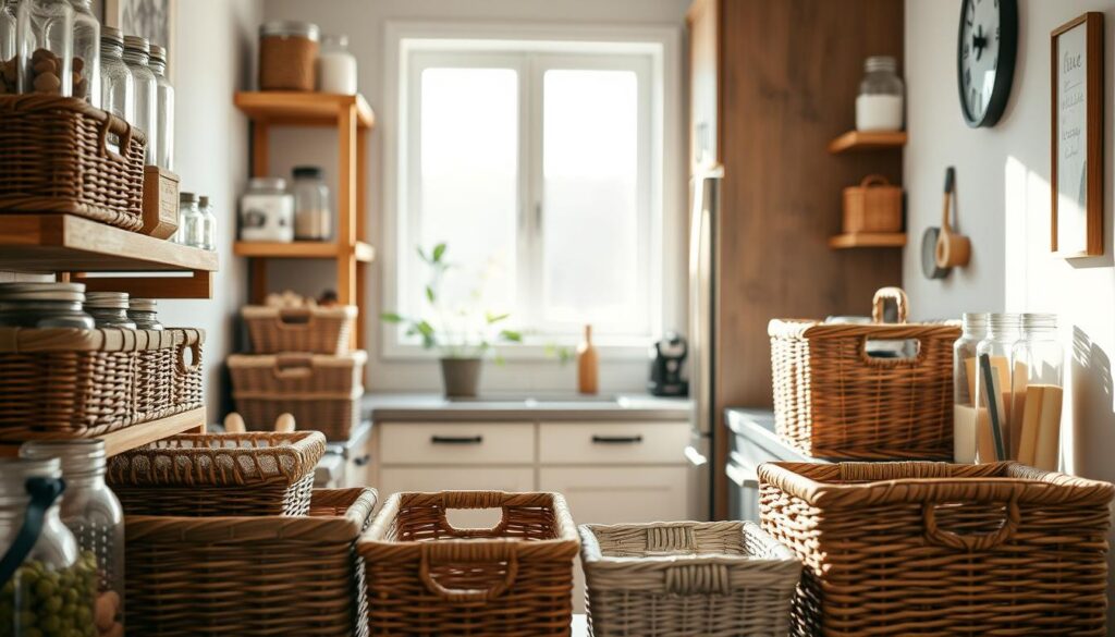A cozy, well-organized kitchen interior with wooden shelves, wicker baskets, and glass jars neatly arranged, creating a visually appealing and efficient storage solution. Soft natural lighting filters through a window, casting a warm glow on the scene. The focus is on the foreground, where various sized baskets and bins are strategically placed, showcasing practical and stylish ways to maximize limited counter and cabinet space. The middle ground features sleek, minimalist cabinetry and appliances, blending seamlessly with the rustic, farmhouse-inspired aesthetic. In the background, a glimpse of a potted plant and a simple, uncluttered wall decor, completing the harmonious and inviting atmosphere.