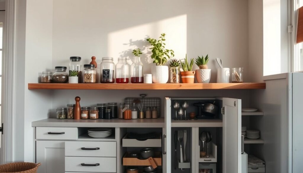 A cozy, well-organized kitchen with small storage solutions. A wooden shelf displays an assortment of decorative jars, bottles, and plants, casting warm, natural light. Beneath, a series of pull-out drawers and cabinets showcase neatly arranged spices, utensils, and other essentials. The minimalist, Scandinavian-inspired design creates an inviting, personalized atmosphere, complementing the section's focus on décor and organization in a small kitchen space.