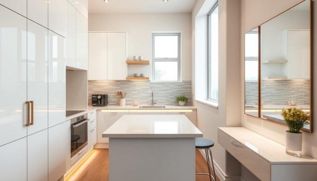 A cozy, well-organized small kitchen filled with clever storage solutions. A minimalist kitchen island with ample counter space takes center stage, surrounded by tall, sleek cabinets that maximize vertical storage. Subtle LED lighting under the cabinets and above the backsplash creates a warm, inviting ambiance. Reflective surfaces like a glass-tile backsplash and stainless steel appliances amplify the sense of spaciousness. A large window floods the space with natural light, while a strategically placed mirror on the adjacent wall reflects the light, further enhancing the illusion of a larger, brighter kitchen. The overall aesthetic is clean, modern, and efficient, showcasing how thoughtful design can transform a compact kitchen into a functional, visually-appealing space. A cozy, well-organized small kitchen filled with clever storage solutions. A minimalist kitchen island with ample counter space takes center stage, surrounded by tall, sleek cabinets that maximize vertical storage. Subtle LED lighting under the cabinets and above the backsplash creates a warm, inviting ambiance. Reflective surfaces like a glass-tile backsplash and stainless steel appliances amplify the sense of spaciousness. A large window floods the space with natural light, while a strategically placed mirror on the adjacent wall reflects the light, further enhancing the illusion of a larger, brighter kitchen. The overall aesthetic is clean, modern, and efficient, showcasing how thoughtful design can transform a compact kitchen into a functional, visually-appealing space.
