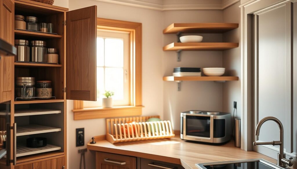A cozy, well-organized small kitchen showcasing clever storage solutions. In the foreground, a corner cabinet with sleek, pull-out shelves maximizing the space. Above, floating shelves display decorative jars and canisters. The middle ground features a minimalist, wooden dish rack on the countertop, complementing the natural wood tones. In the background, a window floods the scene with warm, soft lighting, creating a serene, inviting atmosphere. The kitchen exudes efficiency and a stylish, modern sensibility, inspiring practical and visually appealing organization.