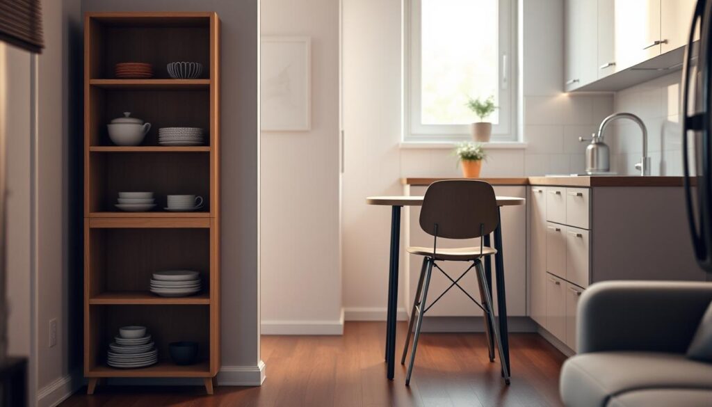 A cozy, well-organized small kitchen with an optimized layout. The foreground showcases a corner shelving unit, strategically placed to maximize storage and display space. In the middle ground, a compact dining table with two chairs occupies the corner, making the most of the limited floor area. The background features a minimalist kitchen counter with clean lines, complemented by a sleek, modern backsplash. Soft, warm lighting filters through the windows, creating a welcoming and efficient atmosphere. The overall scene conveys a sense of thoughtful, space-saving design that enhances the functionality and aesthetics of this compact kitchen. A cozy, well-organized small kitchen with an optimized layout. The foreground showcases a corner shelving unit, strategically placed to maximize storage and display space. In the middle ground, a compact dining table with two chairs occupies the corner, making the most of the limited floor area. The background features a minimalist kitchen counter with clean lines, complemented by a sleek, modern backsplash. Soft, warm lighting filters through the windows, creating a welcoming and efficient atmosphere. The overall scene conveys a sense of thoughtful, space-saving design that enhances the functionality and aesthetics of this compact kitchen.
