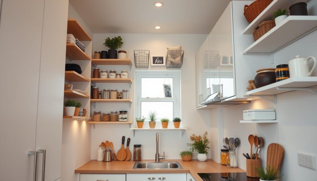 A cozy, well-organized small kitchen with clever storage solutions. Shelves, cabinets, and racks line the walls, utilizing every inch of vertical space. Sleek, minimalist design with clean white cabinetry and natural wood accents. Subtle warm lighting illuminates the space, casting a soft glow. A variety of containers, jars, and baskets neatly store spices, utensils, and other essentials. Minimalist decor, with a few potted plants and natural elements, adds a touch of elegance. The overall atmosphere is one of efficiency, order, and a sense of calm. Low-angle shot captures the full height of the storage solutions.
