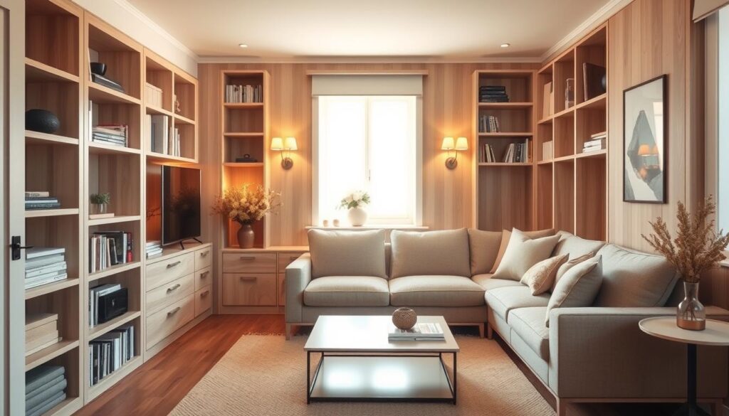 A cozy, well-organized small living room with clever storage solutions. A minimalist, Scandinavian-inspired design with light-colored wood furniture and natural textures. Bookshelves and hidden compartments built into the walls maximize space, complemented by a plush, neutral-toned sectional sofa. Soft, diffused lighting from wall sconces and a sleek, low-profile coffee table complete the sophisticated, clutter-free aesthetic. The room is bathed in warm, natural light, conveying a sense of calm and serenity. A cozy, well-organized small living room with clever storage solutions. A minimalist, Scandinavian-inspired design with light-colored wood furniture and natural textures. Bookshelves and hidden compartments built into the walls maximize space, complemented by a plush, neutral-toned sectional sofa. Soft, diffused lighting from wall sconces and a sleek, low-profile coffee table complete the sophisticated, clutter-free aesthetic. The room is bathed in warm, natural light, conveying a sense of calm and serenity.