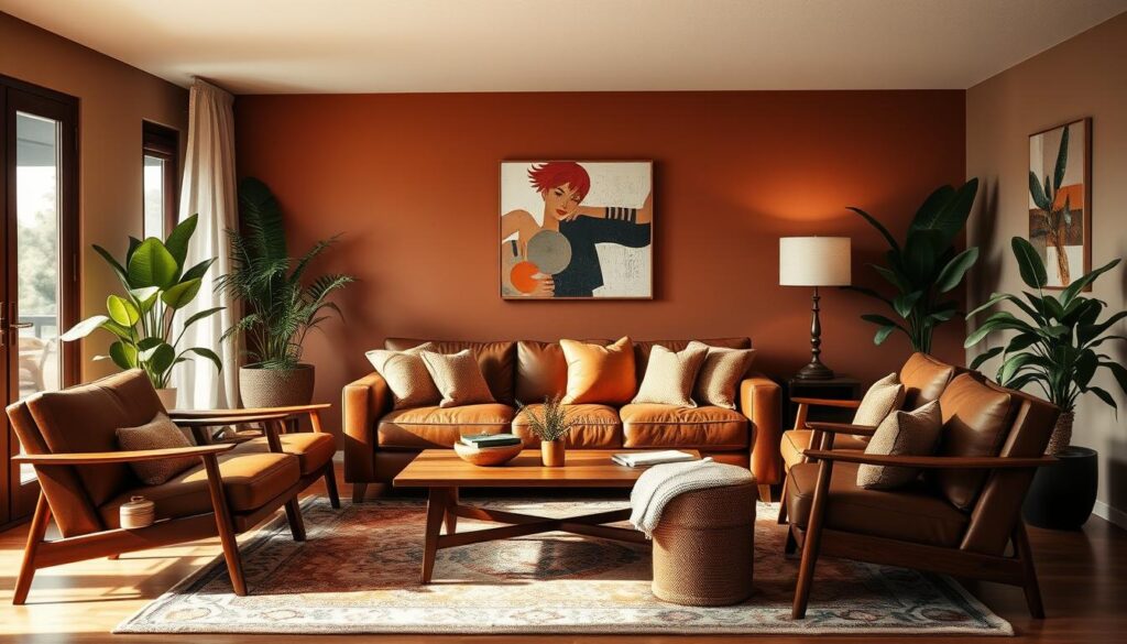 A cozy yet chic living room interior with a plush brown leather sofa as the focal point. The space is bathed in warm, diffused lighting that highlights a harmonious color palette of earthy tones - rich mahogany, deep olive, and accents of terracotta. Sleek midcentury-inspired furniture pieces, such as a wooden coffee table and a pair of armchairs, complement the sofa. Lush houseplants and textured throw pillows add softness, while abstract wall art and a vintage area rug bring a touch of modernity. The overall atmosphere is one of refined sophistication and relaxed comfort.