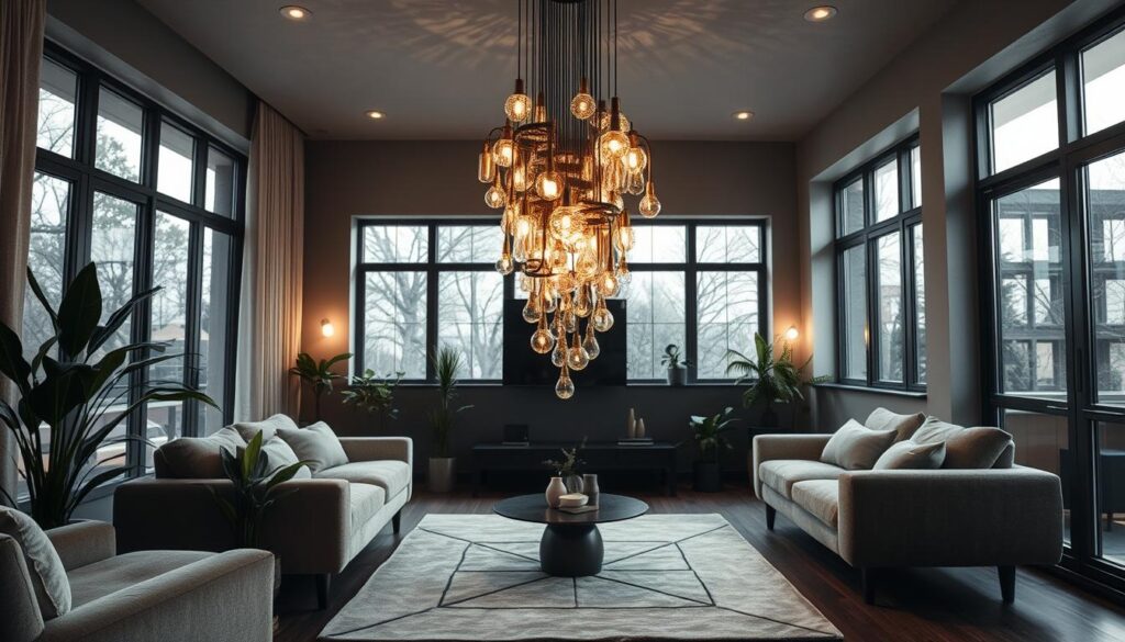 A cozy, yet modern living room with a striking focal point - a unique lighting fixture that cascades from the ceiling, casting a warm, inviting glow throughout the space. The fixture features an intricate, sculptural design with a mixture of metallic and glass elements that create a mesmerizing play of light and shadow. Plush, textured furniture in neutral tones complements the lighting, while potted plants and a minimalist, geometric rug add depth and natural elements to the scene. Large windows flood the room with natural light, casting a soft, ethereal ambiance. The overall atmosphere is one of sophisticated elegance and tranquility, perfect for a relaxing evening or intimate gathering. A cozy, yet modern living room with a striking focal point - a unique lighting fixture that cascades from the ceiling, casting a warm, inviting glow throughout the space. The fixture features an intricate, sculptural design with a mixture of metallic and glass elements that create a mesmerizing play of light and shadow. Plush, textured furniture in neutral tones complements the lighting, while potted plants and a minimalist, geometric rug add depth and natural elements to the scene. Large windows flood the room with natural light, casting a soft, ethereal ambiance. The overall atmosphere is one of sophisticated elegance and tranquility, perfect for a relaxing evening or intimate gathering.