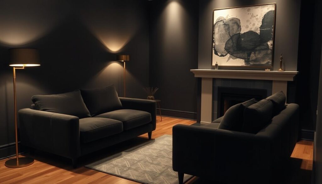 A dimly lit, cozy small living room with two dark gray, low-profile couches arranged in an L-shape. The couches have a plush, velvet-like texture and are positioned against a feature wall with a dramatic, moody charcoal color palette. Soft, warm lighting from a brass floor lamp in the corner creates a sense of intimacy, while a large, abstract art piece above the fireplace adds visual interest. The hardwood flooring is a medium tone, complementing the gray tones. The room has a refined, sophisticated atmosphere, perfect for creating a dramatic yet comfortable ambiance in a compact space. A dimly lit, cozy small living room with two dark gray, low-profile couches arranged in an L-shape. The couches have a plush, velvet-like texture and are positioned against a feature wall with a dramatic, moody charcoal color palette. Soft, warm lighting from a brass floor lamp in the corner creates a sense of intimacy, while a large, abstract art piece above the fireplace adds visual interest. The hardwood flooring is a medium tone, complementing the gray tones. The room has a refined, sophisticated atmosphere, perfect for creating a dramatic yet comfortable ambiance in a compact space.