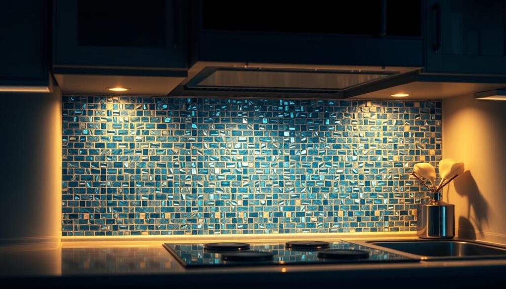 A dimly lit kitchen with a focus on a tiny, intricate backsplash design. The backsplash features a mosaic of delicate, iridescent tiles in shades of blue, green, and silver, creating a mesmerizing, kaleidoscopic pattern. The tiles are arranged in a subtle, asymmetrical layout, adding depth and visual interest. The backsplash is illuminated by soft, warm lighting that casts a cozy glow, highlighting the intricate details and textures. The scene is captured from a low angle, emphasizing the backsplash's prominence and the sense of scale, conveying the idea of an innovative, space-saving design for a small kitchen.
