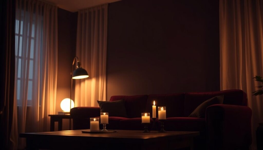 A dimly lit living room with warm, ambient lighting filtering through sheer curtains. Soft, diffused illumination emanates from a floor lamp in the corner, casting subtle shadows across the room. The walls are painted in a deep, moody hue, creating a cozy, intimate atmosphere. A plush, velvet sofa sits in the middle, its rich color complementing the overall tones. Decorative candles flicker on a wooden coffee table, their flickering flames adding to the tranquil, introspective mood. The scene is captured with a shallow depth of field, keeping the focus on the central elements while softening the background. A dimly lit living room with warm, ambient lighting filtering through sheer curtains. Soft, diffused illumination emanates from a floor lamp in the corner, casting subtle shadows across the room. The walls are painted in a deep, moody hue, creating a cozy, intimate atmosphere. A plush, velvet sofa sits in the middle, its rich color complementing the overall tones. Decorative candles flicker on a wooden coffee table, their flickering flames adding to the tranquil, introspective mood. The scene is captured with a shallow depth of field, keeping the focus on the central elements while softening the background.