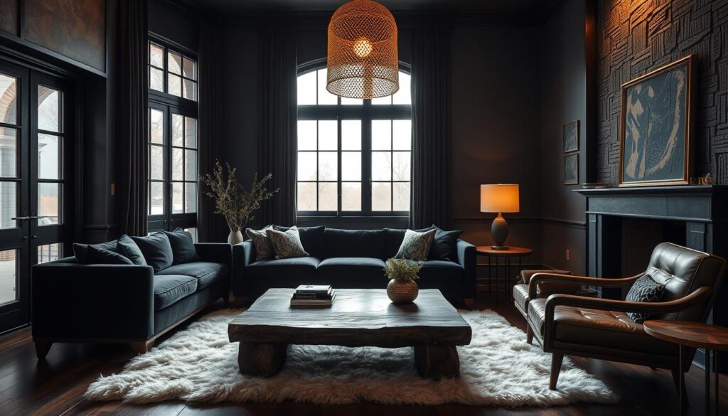 A luxurious black living room bathed in warm, dramatic lighting. The space features a sumptuous velvet sofa, its deep hue complemented by a plush sheepskin rug and sleek leather armchair. Intricate textural elements, such as a woven pendant light and a rustic wooden coffee table, add depth and visual interest. Tall windows allow natural light to filter in, casting a soft, moody glow over the room. Elegant brass accents, including a floor lamp and side table, lend a touch of glamour. The overall atmosphere is one of sophisticated comfort, inviting you to sink in and unwind amidst the harmonious blend of textures.