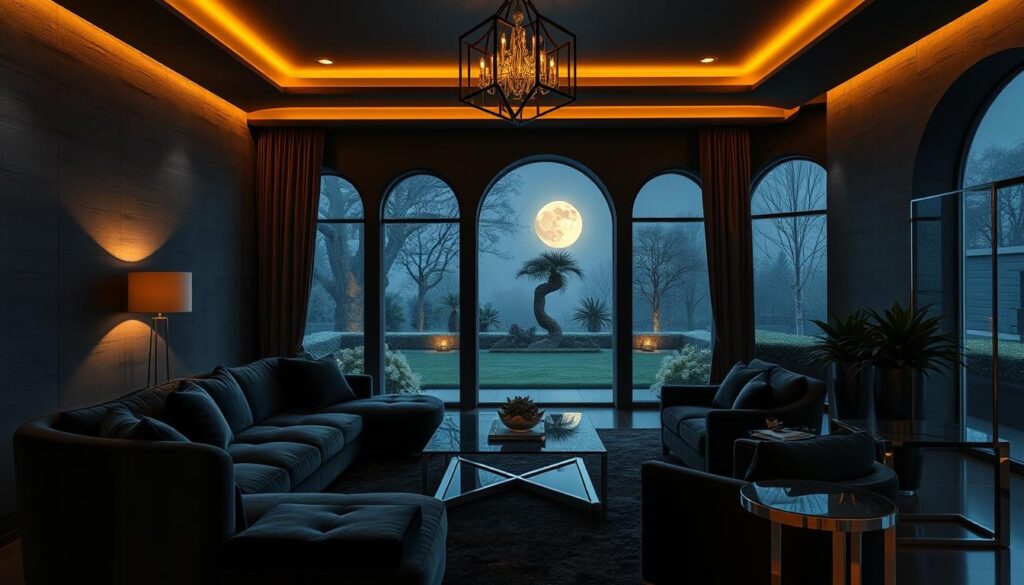 A luxurious black living room, illuminated by warm, soft lighting that casts a cozy glow. Plush, velvet-upholstered furniture in deep ebony tones, including a large, L-shaped sofa and a pair of armchairs arranged around a sleek, glass-topped coffee table. In the background, tall, arched windows frame a view of a tranquil, moonlit garden, creating a sense of serenity. Textured, charcoal-colored walls provide a sophisticated backdrop, complemented by metallic accents in the form of a geometric light fixture and a polished chrome side table. The overall atmosphere exudes an air of elegance and refinement, perfect for a stylish, contemporary living space.