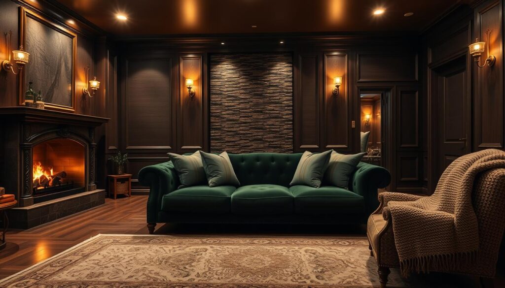 A luxurious, cozy living room with a warm, inviting atmosphere. The focal point is a plush, velvet sofa in a rich, dark green hue, complemented by a large, ornate fireplace with a crackling fire. The room is bathed in a soft, golden glow from recessed lighting and sconces, casting a gentle, ambient light. The walls are paneled in dark, textured wood, creating a sense of depth and sophistication. Intricate, handwoven rugs in muted tones cover the hardwood floors, adding layers of texture and warmth. Lush, oversized throw pillows and a cozy, knitted blanket invite you to sink in and relax. The overall mood is one of refined elegance and comforting luxury. A luxurious, cozy living room with a warm, inviting atmosphere. The focal point is a plush, velvet sofa in a rich, dark green hue, complemented by a large, ornate fireplace with a crackling fire. The room is bathed in a soft, golden glow from recessed lighting and sconces, casting a gentle, ambient light. The walls are paneled in dark, textured wood, creating a sense of depth and sophistication. Intricate, handwoven rugs in muted tones cover the hardwood floors, adding layers of texture and warmth. Lush, oversized throw pillows and a cozy, knitted blanket invite you to sink in and relax. The overall mood is one of refined elegance and comforting luxury.