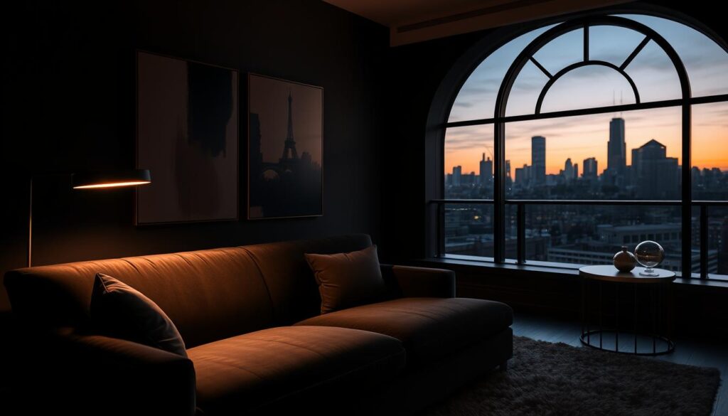 A luxurious dark living room with a sophisticated, moody ambiance. In the foreground, a plush, velvet sofa in a rich, jewel-toned hue invites you to sink in. Strategically placed modern art pieces, with bold, abstract strokes, adorn the walls, casting dramatic shadows. Soft, warm lighting from a sleek, minimalist floor lamp illuminates the space, creating a cozy, intimate atmosphere. In the background, a large, arched window frames a view of a city skyline at dusk, adding depth and a sense of urban elegance. The room is finished with carefully curated, high-end accessories that complement the dark color palette, such as a metallic side table and a lush, textured rug. A luxurious dark living room with a sophisticated, moody ambiance. In the foreground, a plush, velvet sofa in a rich, jewel-toned hue invites you to sink in. Strategically placed modern art pieces, with bold, abstract strokes, adorn the walls, casting dramatic shadows. Soft, warm lighting from a sleek, minimalist floor lamp illuminates the space, creating a cozy, intimate atmosphere. In the background, a large, arched window frames a view of a city skyline at dusk, adding depth and a sense of urban elegance. The room is finished with carefully curated, high-end accessories that complement the dark color palette, such as a metallic side table and a lush, textured rug.