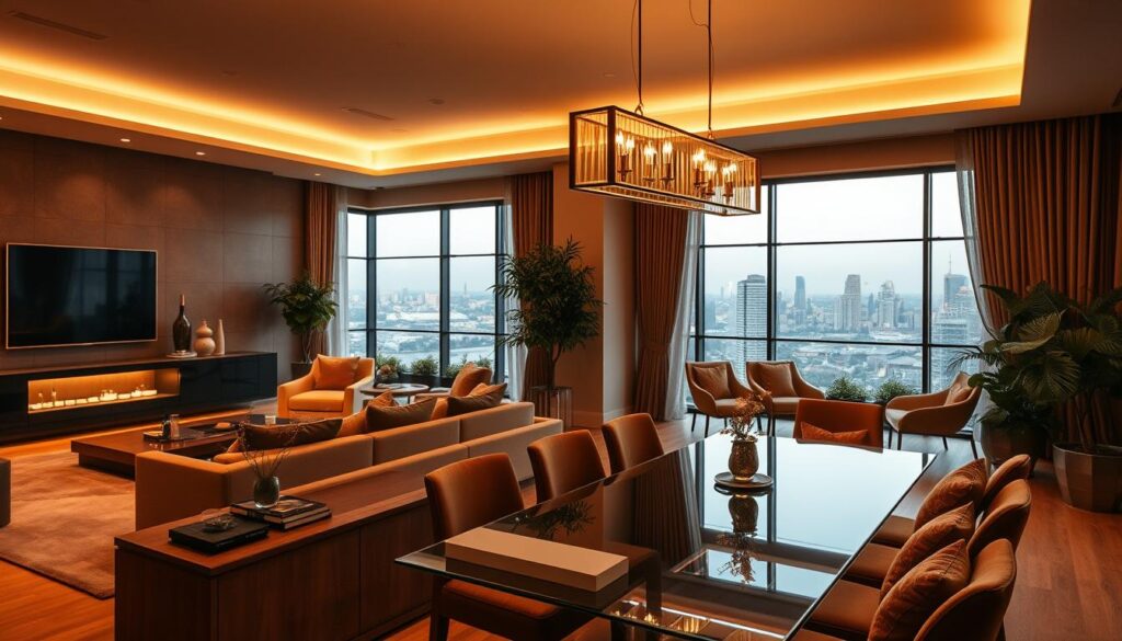 A luxurious living room and dining room combo bathed in warm, ambient lighting. Plush, modern furniture in earthy tones creates a sophisticated yet inviting atmosphere. A statement chandelier with sleek, geometric design hovers elegantly over a glass-topped dining table, casting a mesmerizing glow. Large windows offer a picturesque city skyline in the background, blending indoor and outdoor spaces. Lush, potted plants and carefully curated decor elements add depth and character to the dual-purpose area. Soft, diffused light from hidden sources enhances the overall mood, creating a harmonious, gallery-like setting. A luxurious living room and dining room combo bathed in warm, ambient lighting. Plush, modern furniture in earthy tones creates a sophisticated yet inviting atmosphere. A statement chandelier with sleek, geometric design hovers elegantly over a glass-topped dining table, casting a mesmerizing glow. Large windows offer a picturesque city skyline in the background, blending indoor and outdoor spaces. Lush, potted plants and carefully curated decor elements add depth and character to the dual-purpose area. Soft, diffused light from hidden sources enhances the overall mood, creating a harmonious, gallery-like setting.