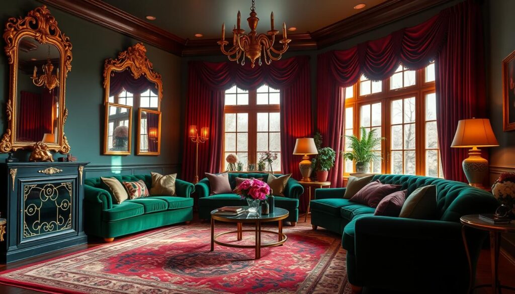 A luxurious living room filled with rich, jewel-toned colors. The focal point is a plush, velvet sofa in a deep emerald green, accented by opulent gold and brass decor. Warm, ambient lighting casts a soft glow, creating an intimate and sophisticated atmosphere. Ornate, gilded mirrors adorn the walls, reflecting the room's sumptuous elegance. Lush, velvet curtains in a deep burgundy frame the large windows, filtering in natural light. The room is anchored by a bold, patterned area rug in jewel-toned hues. Scattered throughout are luxurious textures, such as velvet pillows and a plush, shag rug. The overall effect is one of timeless glamour and opulence. A luxurious living room filled with rich, jewel-toned colors. The focal point is a plush, velvet sofa in a deep emerald green, accented by opulent gold and brass decor. Warm, ambient lighting casts a soft glow, creating an intimate and sophisticated atmosphere. Ornate, gilded mirrors adorn the walls, reflecting the room's sumptuous elegance. Lush, velvet curtains in a deep burgundy frame the large windows, filtering in natural light. The room is anchored by a bold, patterned area rug in jewel-toned hues. Scattered throughout are luxurious textures, such as velvet pillows and a plush, shag rug. The overall effect is one of timeless glamour and opulence.