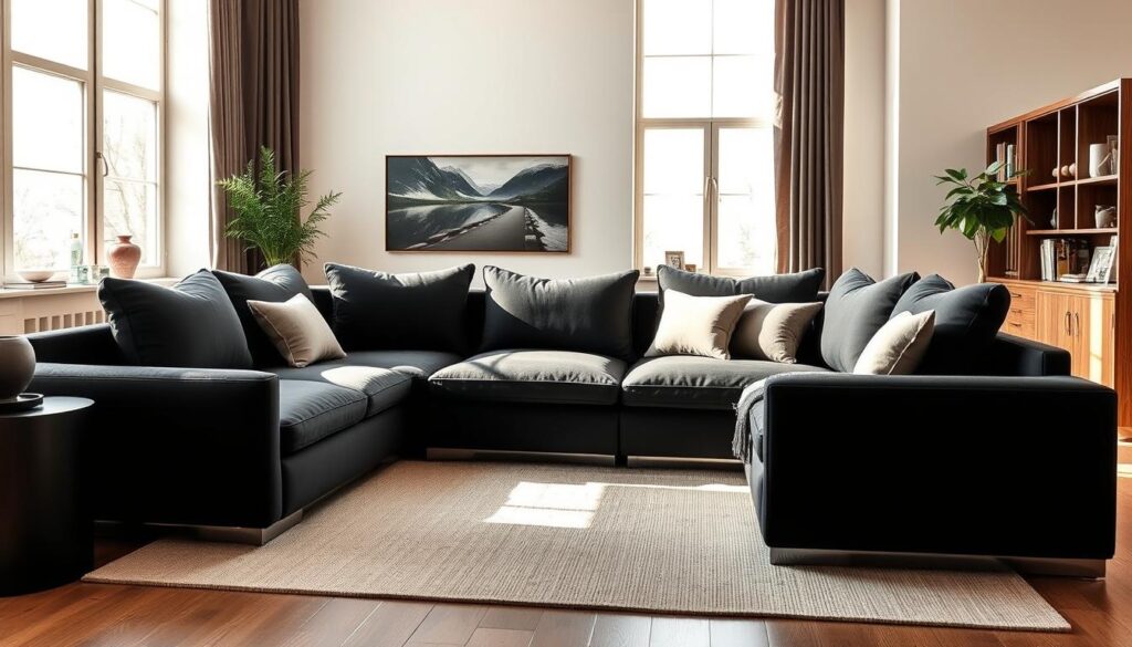 A luxurious modern black sofa set, meticulously designed with clean lines and a sophisticated minimalist aesthetic. The sofa is positioned in a bright, airy living room, illuminated by natural light filtering through large windows. The room features a neutral color palette, with accents of warm wood tones and textured fabrics adding depth and visual interest. The sofa's sleek, angular silhouette is complemented by plush cushions, inviting visitors to sink in and relax. Soft, diffused lighting casts a warm glow, creating a cozy and inviting atmosphere. The overall composition highlights the timeless appeal and versatility of the black sofa design, making it a timeless centerpiece for any contemporary living space. A luxurious modern black sofa set, meticulously designed with clean lines and a sophisticated minimalist aesthetic. The sofa is positioned in a bright, airy living room, illuminated by natural light filtering through large windows. The room features a neutral color palette, with accents of warm wood tones and textured fabrics adding depth and visual interest. The sofa's sleek, angular silhouette is complemented by plush cushions, inviting visitors to sink in and relax. Soft, diffused lighting casts a warm glow, creating a cozy and inviting atmosphere. The overall composition highlights the timeless appeal and versatility of the black sofa design, making it a timeless centerpiece for any contemporary living space.