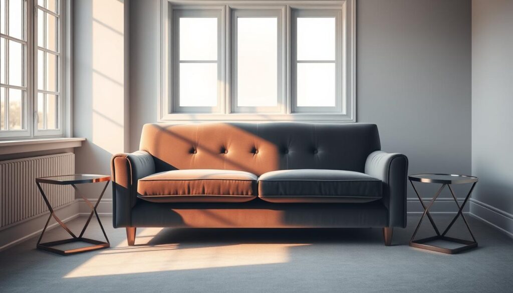 A luxuriously plush gray velvet couch sits centered in a minimalist living room, bathed in warm, soft lighting that accentuates the fabric's rich, velvety texture. The couch is framed by a pair of sleek, polished metal side tables with angular lines, creating a visually striking contrast. Large windows flood the space with natural light, casting gentle shadows that add depth and dimension. The overall atmosphere is one of refined elegance and sophistication, perfectly suited for a small, but stylish living room. A luxuriously plush gray velvet couch sits centered in a minimalist living room, bathed in warm, soft lighting that accentuates the fabric's rich, velvety texture. The couch is framed by a pair of sleek, polished metal side tables with angular lines, creating a visually striking contrast. Large windows flood the space with natural light, casting gentle shadows that add depth and dimension. The overall atmosphere is one of refined elegance and sophistication, perfectly suited for a small, but stylish living room.