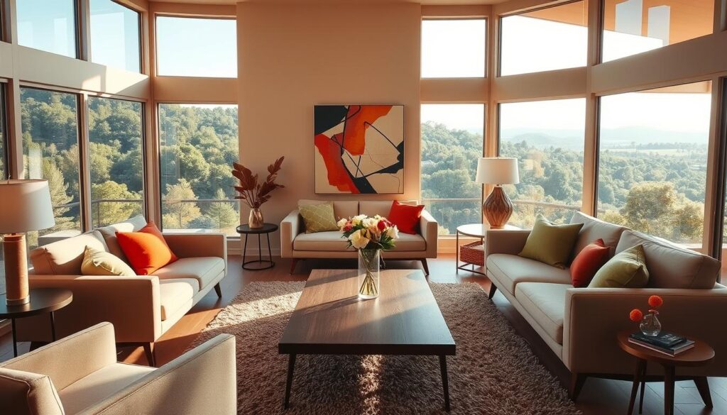 A mid-century modern living room with warm, natural lighting streaming through large windows. The room is furnished with sleek, low-profile couches and armchairs in neutral tones, accented by vibrant throw pillows. A low, wooden coffee table is adorned with a minimalist floral arrangement. The walls are painted in a soft, earthy palette, complemented by a striking abstract art piece. Retro-inspired lamps and a shag rug add to the vintage charm, while a panoramic view of a lush, verdant landscape frames the scene through the large windows. A mid-century modern living room with warm, natural lighting streaming through large windows. The room is furnished with sleek, low-profile couches and armchairs in neutral tones, accented by vibrant throw pillows. A low, wooden coffee table is adorned with a minimalist floral arrangement. The walls are painted in a soft, earthy palette, complemented by a striking abstract art piece. Retro-inspired lamps and a shag rug add to the vintage charm, while a panoramic view of a lush, verdant landscape frames the scene through the large windows.