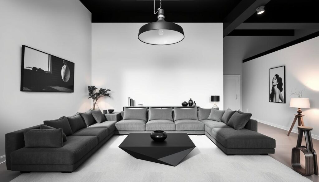 A minimal yet sophisticated living room with a monochromatic black and white color scheme. A large, plush L-shaped sofa in a deep charcoal shade takes center stage, complemented by a sleek, angular coffee table in a matte black finish. The walls are painted in a crisp, clean white, creating a serene and calming atmosphere. Soft, diffused lighting from a large, industrial-style pendant fixture casts a warm glow, while strategically placed lamps add subtle ambient illumination. Accents of natural wood, such as a side table or plant stand, provide a touch of organic contrast. The overall aesthetic is one of understated elegance and visual balance, creating a harmonious and visually compelling living space. A minimal yet sophisticated living room with a monochromatic black and white color scheme. A large, plush L-shaped sofa in a deep charcoal shade takes center stage, complemented by a sleek, angular coffee table in a matte black finish. The walls are painted in a crisp, clean white, creating a serene and calming atmosphere. Soft, diffused lighting from a large, industrial-style pendant fixture casts a warm glow, while strategically placed lamps add subtle ambient illumination. Accents of natural wood, such as a side table or plant stand, provide a touch of organic contrast. The overall aesthetic is one of understated elegance and visual balance, creating a harmonious and visually compelling living space.