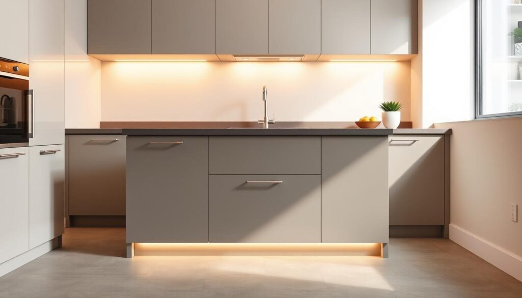 A minimalist and functional space-saving kitchen island, illuminated by warm overhead lighting and set against a clean, contemporary backdrop. The island features sleek, streamlined cabinets and drawers, optimizing storage and workspace in a compact footprint. Subtle, angular details accentuate the modern aesthetic, while a neutral color palette and smooth, matte finishes create a harmonious, uncluttered visual flow. The island is positioned strategically, seamlessly integrating with the surrounding kitchen layout to maximize the available square footage and enhance the overall efficiency of the space. A minimalist and functional space-saving kitchen island, illuminated by warm overhead lighting and set against a clean, contemporary backdrop. The island features sleek, streamlined cabinets and drawers, optimizing storage and workspace in a compact footprint. Subtle, angular details accentuate the modern aesthetic, while a neutral color palette and smooth, matte finishes create a harmonious, uncluttered visual flow. The island is positioned strategically, seamlessly integrating with the surrounding kitchen layout to maximize the available square footage and enhance the overall efficiency of the space.