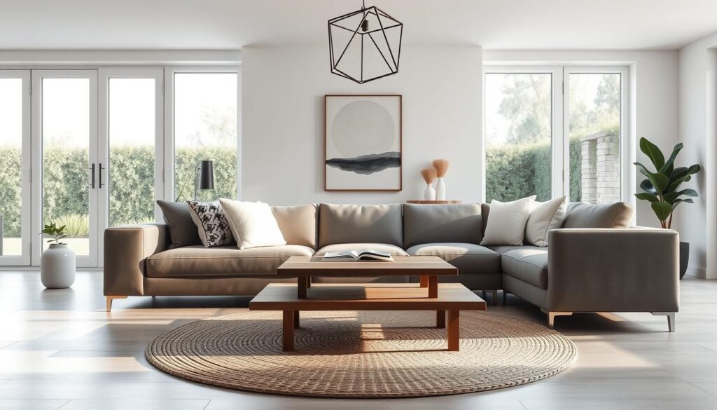 A minimalist contemporary living room with a clean, open layout. In the foreground, a sleek grey sofa accented with plush white and textured throw pillows. A low wooden coffee table sits atop a neutral woven area rug. Bathed in warm, diffused lighting from floor-to-ceiling windows, offering a serene garden view in the background. Complementary artwork and a modern geometric light fixture create visual interest, while the overall palette and styling evoke a sense of simplicity and sophistication. A minimalist contemporary living room with a clean, open layout. In the foreground, a sleek grey sofa accented with plush white and textured throw pillows. A low wooden coffee table sits atop a neutral woven area rug. Bathed in warm, diffused lighting from floor-to-ceiling windows, offering a serene garden view in the background. Complementary artwork and a modern geometric light fixture create visual interest, while the overall palette and styling evoke a sense of simplicity and sophistication.