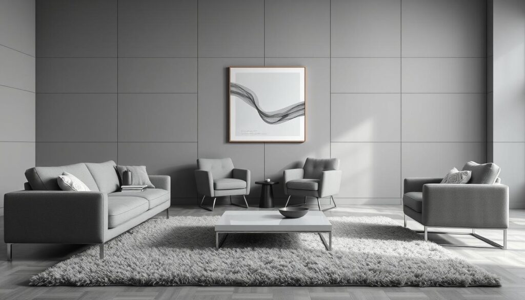 A minimalist grey living room with a balanced, harmonious design. A large, sleek grey sofa anchors the foreground, accented by a grey shag rug and a low, square grey coffee table. The middle ground features a pair of matching grey armchairs arranged in a cozy conversation grouping. The background showcases a feature wall of smooth, matte grey panels, complemented by simple, modern wall decor. Indirect lighting casts a soft, diffused glow, creating a calming, serene ambiance. The entire scene exudes a sense of understated elegance and visual tranquility. A minimalist grey living room with a balanced, harmonious design. A large, sleek grey sofa anchors the foreground, accented by a grey shag rug and a low, square grey coffee table. The middle ground features a pair of matching grey armchairs arranged in a cozy conversation grouping. The background showcases a feature wall of smooth, matte grey panels, complemented by simple, modern wall decor. Indirect lighting casts a soft, diffused glow, creating a calming, serene ambiance. The entire scene exudes a sense of understated elegance and visual tranquility.