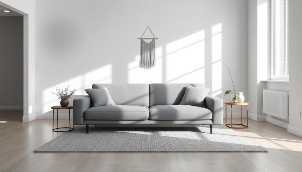 A minimalist grey living room with a clean, modern aesthetic. A sleek grey sofa sits atop a textured grey area rug, surrounded by a sparse arrangement of minimalist decor - a small potted plant, a simple wood and metal side table, and a minimalist wall hanging. The room is bathed in soft, natural light filtering in through large windows, casting gentle shadows and creating a calming, serene atmosphere. The overall mood is one of understated elegance and tranquility. A minimalist grey living room with a clean, modern aesthetic. A sleek grey sofa sits atop a textured grey area rug, surrounded by a sparse arrangement of minimalist decor - a small potted plant, a simple wood and metal side table, and a minimalist wall hanging. The room is bathed in soft, natural light filtering in through large windows, casting gentle shadows and creating a calming, serene atmosphere. The overall mood is one of understated elegance and tranquility.