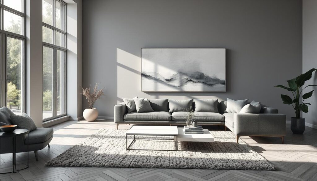A minimalist grey living room with a focus on textures and patterns. The room is bathed in soft, natural light from large windows, casting a serene and calming atmosphere. The predominant color palette is various shades of grey, from charcoal to soft ash. Accent pieces, such as a plush, textured rug and a sleek, geometric coffee table, add visual interest. The walls feature a subtle herringbone pattern, complemented by a large, abstract canvas painting in muted tones. The space is uncluttered, with clean lines and a sense of understated elegance, inviting relaxation and contemplation. A minimalist grey living room with a focus on textures and patterns. The room is bathed in soft, natural light from large windows, casting a serene and calming atmosphere. The predominant color palette is various shades of grey, from charcoal to soft ash. Accent pieces, such as a plush, textured rug and a sleek, geometric coffee table, add visual interest. The walls feature a subtle herringbone pattern, complemented by a large, abstract canvas painting in muted tones. The space is uncluttered, with clean lines and a sense of understated elegance, inviting relaxation and contemplation.