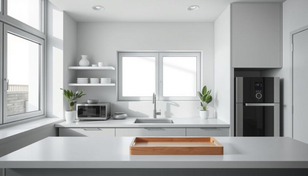 A minimalist kitchen counter with clean, organized shelves and storage. Soft natural lighting from large windows highlights the simple, uncluttered design. Muted gray and white tones create a calming, serene atmosphere. Sleek, modern appliances and a single potted plant add subtle accents. The open, airy layout emphasizes the efficient, decluttered space. A narrow wooden serving tray stands out against the light-colored surfaces. Smooth, matte textures and clean lines convey a sense of order and tranquility. The camera captures the scene from a slightly elevated angle, showcasing the minimalist aesthetic and thoughtful organization.