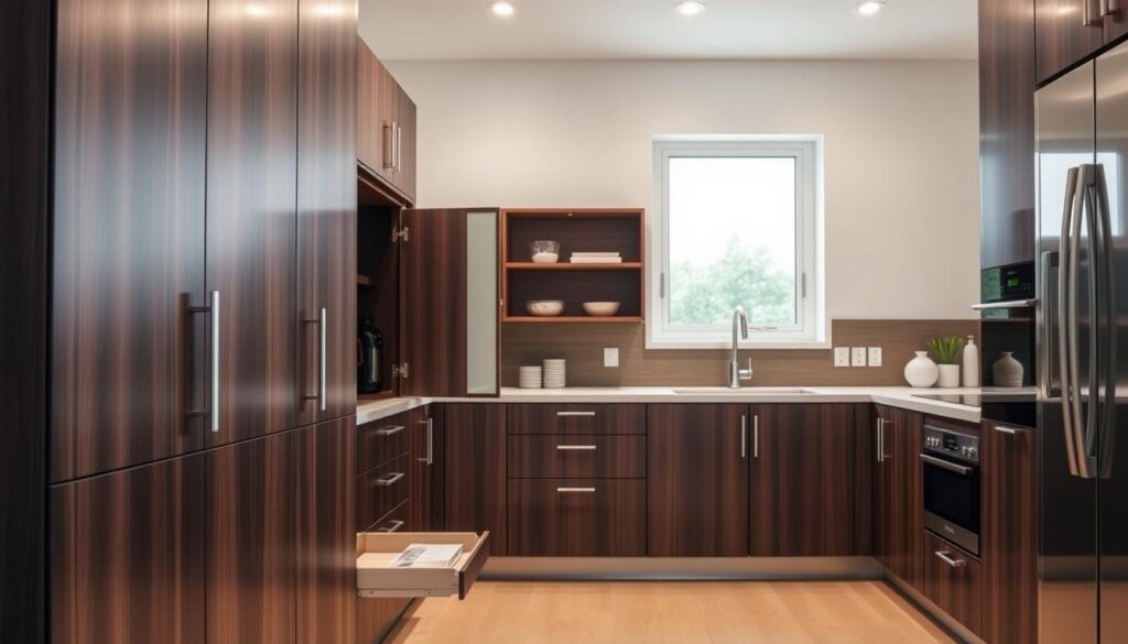 A minimalist kitchen with sleek, pull-out storage solutions. The foreground features a bank of dark wood cabinets with chrome hardware, one of which is partially extended to reveal a hidden shelf and organizers. The middle ground showcases a modern, white countertop and backsplash, complemented by subtle, overhead lighting. In the background, a window floods the space with natural light, creating a bright and airy atmosphere. The composition emphasizes the efficient use of limited kitchen space, showcasing practical storage ideas for a small culinary workspace. A minimalist kitchen with sleek, pull-out storage solutions. The foreground features a bank of dark wood cabinets with chrome hardware, one of which is partially extended to reveal a hidden shelf and organizers. The middle ground showcases a modern, white countertop and backsplash, complemented by subtle, overhead lighting. In the background, a window floods the space with natural light, creating a bright and airy atmosphere. The composition emphasizes the efficient use of limited kitchen space, showcasing practical storage ideas for a small culinary workspace.