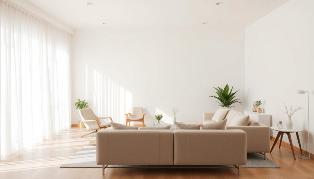 A minimalist living room layout with clean lines, natural light, and a sense of openness. In the foreground, a compact L-shaped sofa with plush cushions and a small side table. In the middle, a mid-century inspired armchair and a low-profile coffee table with sleek, tapered legs. The background features a large window with sheer curtains, allowing sunlight to pour in and illuminate the space. The room is accented with a few potted plants and simple, modern decor pieces. The overall mood is calming, inviting, and focused on efficient use of a small footprint. A minimalist living room layout with clean lines, natural light, and a sense of openness. In the foreground, a compact L-shaped sofa with plush cushions and a small side table. In the middle, a mid-century inspired armchair and a low-profile coffee table with sleek, tapered legs. The background features a large window with sheer curtains, allowing sunlight to pour in and illuminate the space. The room is accented with a few potted plants and simple, modern decor pieces. The overall mood is calming, inviting, and focused on efficient use of a small footprint.