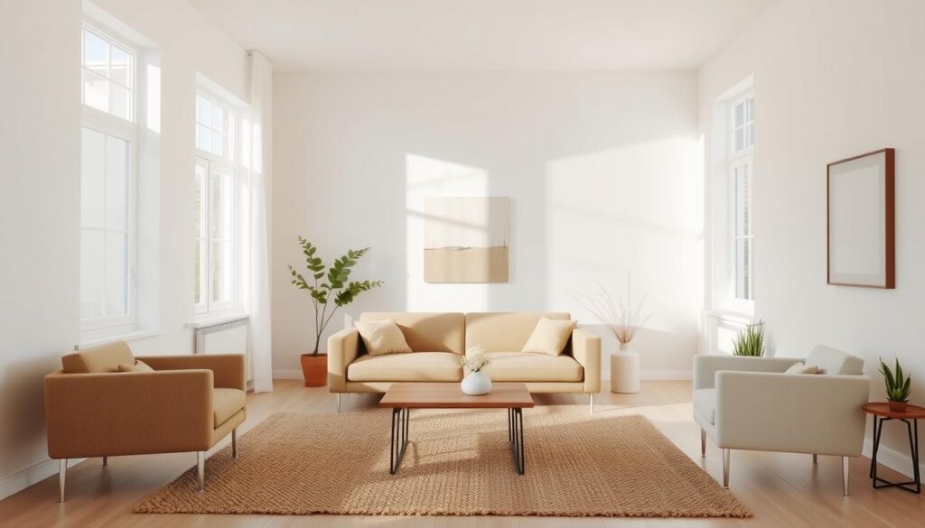 A minimalist living room with a clean, calming aesthetic. Soft, natural light filters through large windows, casting a warm glow on the space. The focal point is a simple, low-profile sofa in a muted, earthy tone, complemented by a pair of sleek armchairs. A wooden coffee table and a shag rug add subtle textural elements. The walls are painted in a soft, neutral shade, creating a serene, uncluttered backdrop. Subtle plants and a single abstract artwork provide just the right amount of visual interest, while maintaining the overall tranquil atmosphere. The room exudes a sense of harmony and balance, embodying the essence of minimalist living room inspiration. A minimalist living room with a clean, calming aesthetic. Soft, natural light filters through large windows, casting a warm glow on the space. The focal point is a simple, low-profile sofa in a muted, earthy tone, complemented by a pair of sleek armchairs. A wooden coffee table and a shag rug add subtle textural elements. The walls are painted in a soft, neutral shade, creating a serene, uncluttered backdrop. Subtle plants and a single abstract artwork provide just the right amount of visual interest, while maintaining the overall tranquil atmosphere. The room exudes a sense of harmony and balance, embodying the essence of minimalist living room inspiration.
