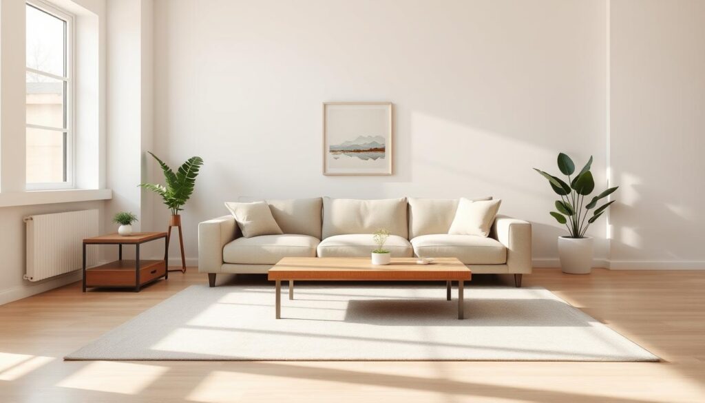 A minimalist living room with a clean, modern aesthetic. A large, neutral-toned sofa takes center stage, flanked by sleek side tables and a low, wooden coffee table. The room is bathed in soft, natural light streaming through large windows, casting a warm glow. Accents of greenery and a single, abstract wall hanging add subtle pops of color. The space feels open and uncluttered, with a focus on simple, functional pieces that create a sense of calm and harmony. The overall mood is one of understated elegance and refined sophistication. A minimalist living room with a clean, modern aesthetic. A large, neutral-toned sofa takes center stage, flanked by sleek side tables and a low, wooden coffee table. The room is bathed in soft, natural light streaming through large windows, casting a warm glow. Accents of greenery and a single, abstract wall hanging add subtle pops of color. The space feels open and uncluttered, with a focus on simple, functional pieces that create a sense of calm and harmony. The overall mood is one of understated elegance and refined sophistication.