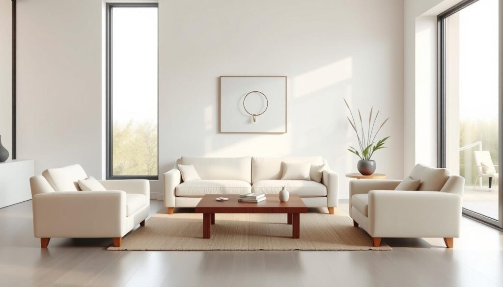 A minimalist living room with a neutral color palette and clean lines. The space is flooded with natural light from large floor-to-ceiling windows, casting a warm glow on the simple yet elegant furnishings. A plush, off-white sofa is the focal point, complemented by a low, wooden coffee table and a pair of matching armchairs. Minimalist wall decor, such as a simple abstract painting or a metal wall sculpture, adds a touch of visual interest. The room exudes a sense of calm and serenity, with the overall design emphasizing functionality and a harmonious balance of form and space. A minimalist living room with a neutral color palette and clean lines. The space is flooded with natural light from large floor-to-ceiling windows, casting a warm glow on the simple yet elegant furnishings. A plush, off-white sofa is the focal point, complemented by a low, wooden coffee table and a pair of matching armchairs. Minimalist wall decor, such as a simple abstract painting or a metal wall sculpture, adds a touch of visual interest. The room exudes a sense of calm and serenity, with the overall design emphasizing functionality and a harmonious balance of form and space.