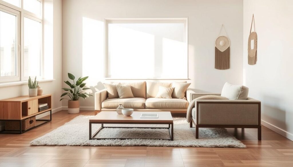 A minimalist living room with clean lines, neutral tones, and natural textures. A modern, low-profile sofa sits atop a plush area rug, complemented by a sleek, wood-framed coffee table. The room is flooded with warm, diffused light from a large window, casting gentle shadows and highlighting the simplicity of the decor. Accent pieces, such as a potted plant and a geometric wall hanging, add subtle visual interest without cluttering the space. The overall atmosphere is one of calm, uncluttered elegance, perfectly suited for a small living area. A minimalist living room with clean lines, neutral tones, and natural textures. A modern, low-profile sofa sits atop a plush area rug, complemented by a sleek, wood-framed coffee table. The room is flooded with warm, diffused light from a large window, casting gentle shadows and highlighting the simplicity of the decor. Accent pieces, such as a potted plant and a geometric wall hanging, add subtle visual interest without cluttering the space. The overall atmosphere is one of calm, uncluttered elegance, perfectly suited for a small living area.