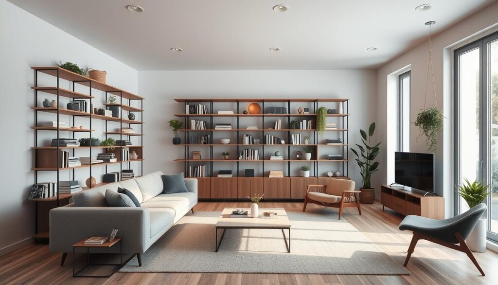 A minimalist living room with floor-to-ceiling shelving, a plush sectional sofa, and a sleek coffee table. The shelves are filled with books, plants, and decorative elements, utilizing the vertical space effectively. Soft lighting from recessed ceiling fixtures and a large window creates a warm, inviting atmosphere. The room is designed with clean lines and a neutral color palette, emphasizing functionality and space-saving. A mid-century modern armchair and a hanging plant add finishing touches to the contemporary, space-efficient design. A minimalist living room with floor-to-ceiling shelving, a plush sectional sofa, and a sleek coffee table. The shelves are filled with books, plants, and decorative elements, utilizing the vertical space effectively. Soft lighting from recessed ceiling fixtures and a large window creates a warm, inviting atmosphere. The room is designed with clean lines and a neutral color palette, emphasizing functionality and space-saving. A mid-century modern armchair and a hanging plant add finishing touches to the contemporary, space-efficient design.