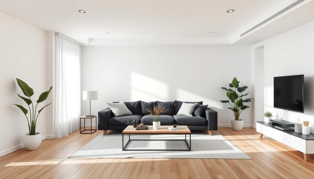 A minimalist living space with a serene, monochromatic ambiance. A clean-lined sofa in crisp white fabric sits atop a plush, textured rug in shades of gray. A large window floods the room with soft, natural light, casting a warm glow. Sleek, angular shelves line the walls, displaying a few carefully curated decor pieces. The overall atmosphere is one of understated elegance, inviting a sense of calm and tranquility. Captured through a wide-angle lens, the composition emphasizes the open, airy feel of the space.