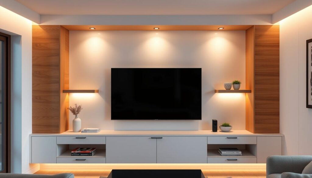 A minimalist, modern TV wall design for a small living room. A floating TV unit with sleek, clean lines and natural wood accents, mounted on a white wall. Subtle, indirect lighting casts a warm glow, creating a cozy, inviting atmosphere. The TV is flanked by built-in shelves or cabinets, providing ample storage and display space for decor and media. The overall look is streamlined, uncluttered, and optimized for the limited square footage, yet still stylish and visually appealing. A minimalist, modern TV wall design for a small living room. A floating TV unit with sleek, clean lines and natural wood accents, mounted on a white wall. Subtle, indirect lighting casts a warm glow, creating a cozy, inviting atmosphere. The TV is flanked by built-in shelves or cabinets, providing ample storage and display space for decor and media. The overall look is streamlined, uncluttered, and optimized for the limited square footage, yet still stylish and visually appealing.