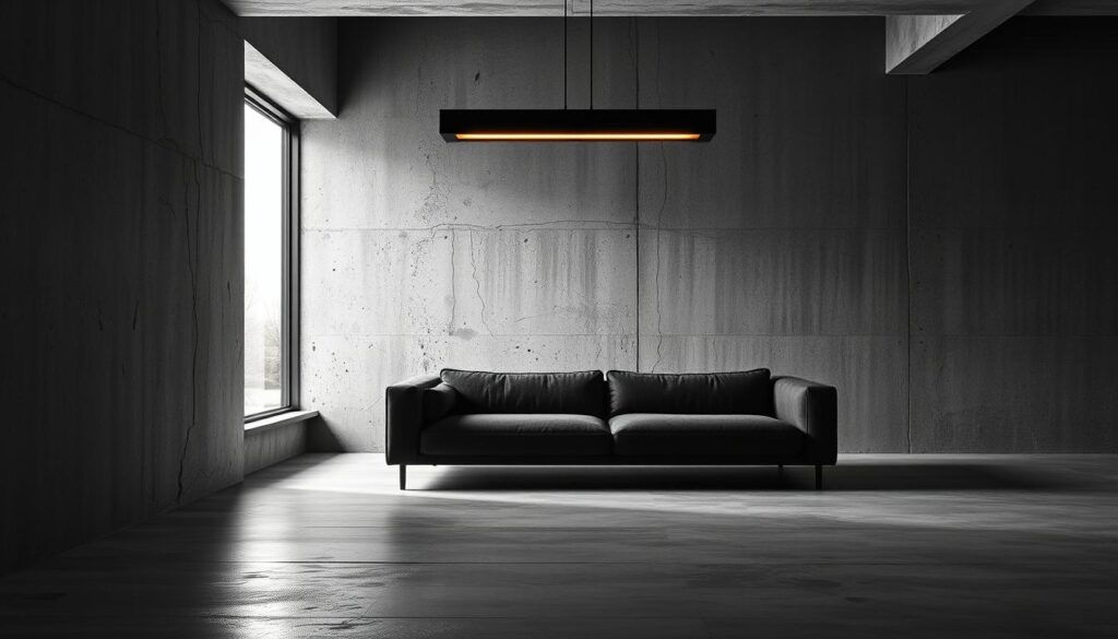 A minimalist, modern black and white interior with a strong emphasis on textural layering. In the foreground, a rugged concrete wall with a weathered, distressed finish provides a tactile backdrop. In the middle ground, a plush, low-profile sofa upholstered in a luxurious charcoal fabric creates a sense of depth and visual interest. Overhead, a linear, matte black pendant light casts a warm, dramatic illumination, casting moody shadows across the space. In the background, a large window fills the room with soft, natural light, highlighting the subtle tonal variations and intricate textures throughout. The overall atmosphere is one of refined sophistication and understated elegance.