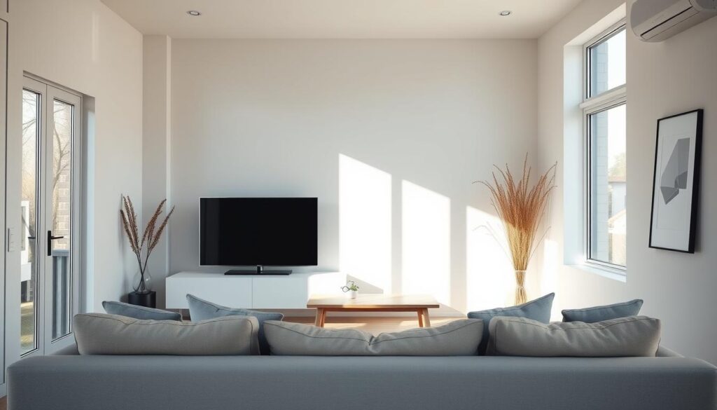 A minimalist small living room with a sleek, modern TV as the focal point. The space is filled with natural light, streaming in through large windows. A plush, neutral-toned sofa sits in the foreground, complemented by a simple wooden coffee table. The walls are adorned with clean, minimalist decor, creating a serene, uncluttered atmosphere. The lighting is soft and diffused, adding to the calming ambiance. The room is designed with a keen eye for balance and proportion, showcasing the beauty of simplicity and restraint. A minimalist small living room with a sleek, modern TV as the focal point. The space is filled with natural light, streaming in through large windows. A plush, neutral-toned sofa sits in the foreground, complemented by a simple wooden coffee table. The walls are adorned with clean, minimalist decor, creating a serene, uncluttered atmosphere. The lighting is soft and diffused, adding to the calming ambiance. The room is designed with a keen eye for balance and proportion, showcasing the beauty of simplicity and restraint.