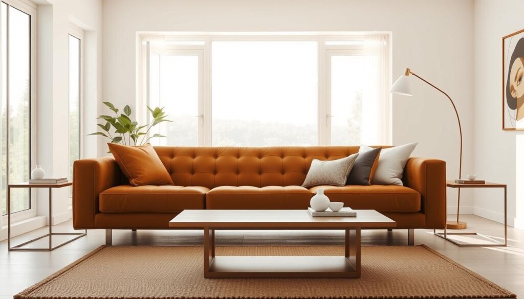 A modern, inviting brown couch set against a bright, airy living room. Warm sunlight floods the space through large windows, casting a soft glow on the plush, tufted upholstery. The couch is flanked by sleek, minimalist end tables and a low, wooden coffee table, creating a balanced, harmonious composition. Subtle pops of color in the form of throw pillows and a woven rug add depth and visual interest. The room is finished with clean, modern decor elements, such as a sculptural floor lamp and abstract wall art, resulting in a stylish, yet comfortable ambiance.
