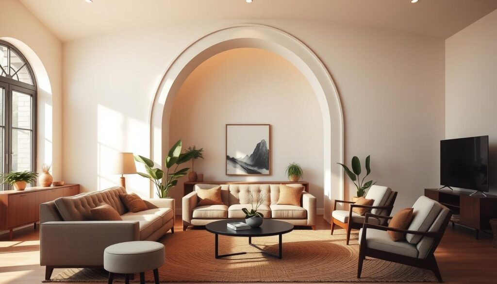 A modern living room with a stunning architectural arch at the center, bathed in warm, natural lighting. The arch features clean, minimalist lines and a sleek, contemporary design, serving as the focal point of the space. The room is furnished with mid-century modern pieces, including a plush, tufted sofa and a pair of stylish armchairs. Subtle textures, such as a woven area rug and potted plants, add depth and warmth to the scene. The overall atmosphere is one of refined elegance and understated sophistication, capturing the latest trends in living room arch design. A modern living room with a stunning architectural arch at the center, bathed in warm, natural lighting. The arch features clean, minimalist lines and a sleek, contemporary design, serving as the focal point of the space. The room is furnished with mid-century modern pieces, including a plush, tufted sofa and a pair of stylish armchairs. Subtle textures, such as a woven area rug and potted plants, add depth and warmth to the scene. The overall atmosphere is one of refined elegance and understated sophistication, capturing the latest trends in living room arch design.