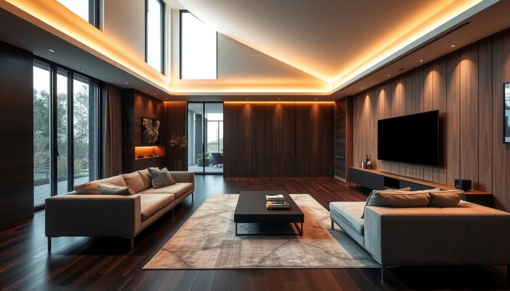 A modern living room with dark hardwood floors, filled with seamlessly integrated technology. A large, plush sectional sofa in a muted tone anchors the space, complemented by a sleek, minimalist coffee table. Recessed lighting casts a warm glow, while discreet speakers and a hidden television create an immersive entertainment experience. The room exudes sophistication and functionality, blending cutting-edge tech and timeless design. Tall windows allow natural light to filter in, creating a sense of openness and balance. The overall atmosphere is one of refined elegance and effortless living. A modern living room with dark hardwood floors, filled with seamlessly integrated technology. A large, plush sectional sofa in a muted tone anchors the space, complemented by a sleek, minimalist coffee table. Recessed lighting casts a warm glow, while discreet speakers and a hidden television create an immersive entertainment experience. The room exudes sophistication and functionality, blending cutting-edge tech and timeless design. Tall windows allow natural light to filter in, creating a sense of openness and balance. The overall atmosphere is one of refined elegance and effortless living.
