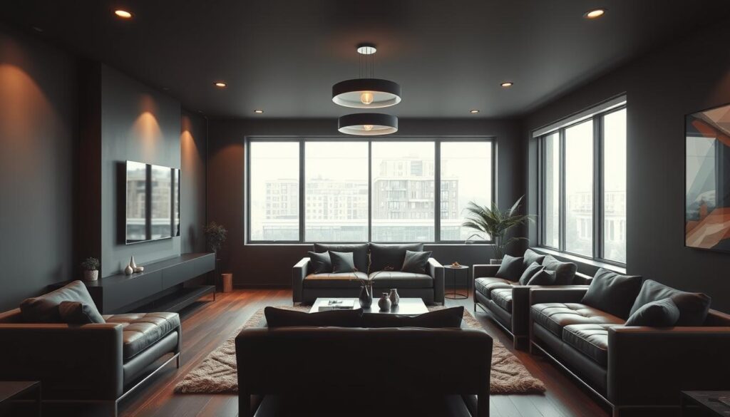 A modern, minimalist black living room with sleek, geometric furniture arranged in a cozy, intimate layout. Warm, directional lighting from recessed fixtures and a statement pendant casts a soft, ambient glow, accentuating the clean lines and muted tones. Large windows fill the space with natural light, creating a sense of openness and airiness. Textured accents, such as a plush area rug and a few carefully curated decorative pieces, add depth and visual interest. The overall atmosphere is elegant, sophisticated, and perfectly suited for a small, urban space.