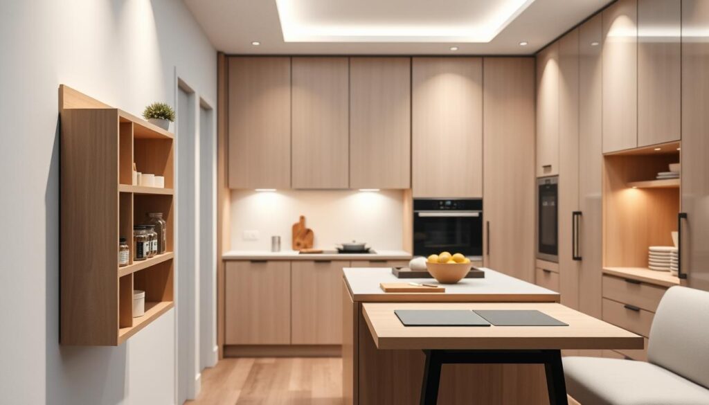 A modern, minimalist kitchen with efficient space-saving solutions. The foreground features a compact, wall-mounted shelving unit with slim, sleek design and hidden storage compartments. The middle ground showcases a multifunctional kitchen island with built-in cutting boards, spice racks, and a retractable dining table. The background highlights tall, floor-to-ceiling cabinets with sliding doors, maximizing vertical space. Soft, diffused lighting illuminates the kitchen, creating a warm, inviting atmosphere. The overall scene conveys a sense of organization, functionality, and thoughtful design in a small kitchen space.