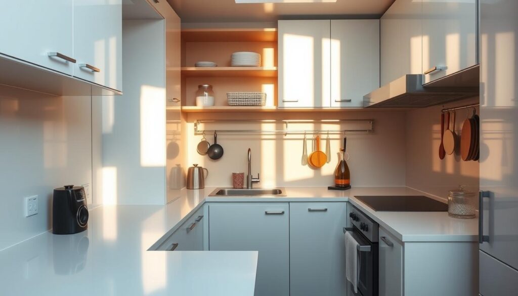 A modern, minimalist kitchen with sleek cabinets, open shelving, and a compact layout. The space is filled with natural light, casting warm shadows across the glossy countertops and streamlined appliances. Strategically placed hooks, sliding drawers, and hanging racks maximize storage and organization, creating a visually appealing and highly functional cooking environment. The overall aesthetic is clean, airy, and designed to make the most of every inch, showcasing clever solutions for small-space living. A modern, minimalist kitchen with sleek cabinets, open shelving, and a compact layout. The space is filled with natural light, casting warm shadows across the glossy countertops and streamlined appliances. Strategically placed hooks, sliding drawers, and hanging racks maximize storage and organization, creating a visually appealing and highly functional cooking environment. The overall aesthetic is clean, airy, and designed to make the most of every inch, showcasing clever solutions for small-space living.