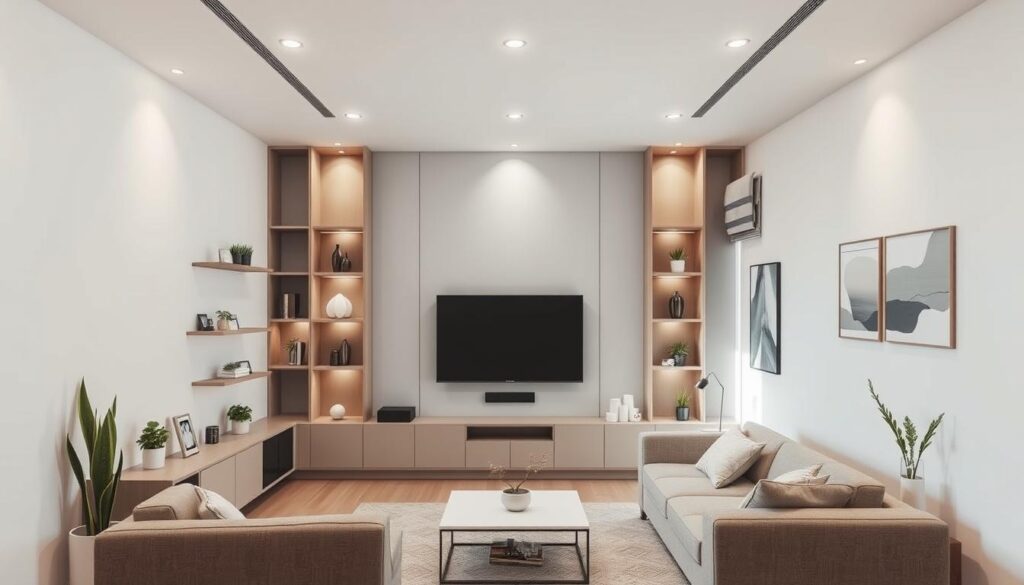 A modern, minimalist living room showcasing space-saving design. The interior features a sleek, low-profile TV mounted on the wall, surrounded by open shelving units that maximize vertical storage. Soft, diffused lighting from recessed ceiling fixtures and a large window creates a calming, airy atmosphere. The room is furnished with a compact, L-shaped sofa and a small, multifunctional coffee table, allowing for ample walking space. Accent decor, such as potted plants and abstract wall art, adds visual interest without cluttering the room. The overall impression is one of a harmonious, functional and visually striking living space that seamlessly integrates technology and storage within a limited footprint. A modern, minimalist living room showcasing space-saving design. The interior features a sleek, low-profile TV mounted on the wall, surrounded by open shelving units that maximize vertical storage. Soft, diffused lighting from recessed ceiling fixtures and a large window creates a calming, airy atmosphere. The room is furnished with a compact, L-shaped sofa and a small, multifunctional coffee table, allowing for ample walking space. Accent decor, such as potted plants and abstract wall art, adds visual interest without cluttering the room. The overall impression is one of a harmonious, functional and visually striking living space that seamlessly integrates technology and storage within a limited footprint.
