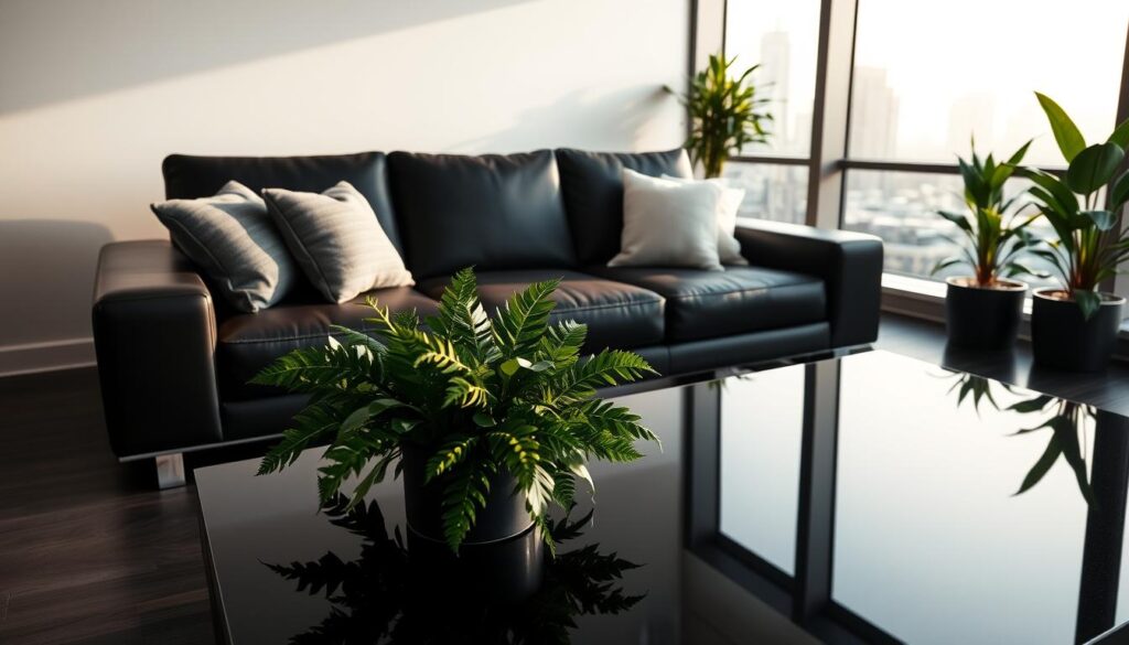 A modern, minimalist living room with a sleek black couch as the focal point. The couch is adorned with plush gray and white throw pillows, creating a cozy and inviting atmosphere. In the foreground, a shiny black coffee table with clean lines and a glass top reflects the light. Lush, verdant potted plants in the middle ground add a touch of nature, while the background features a large window overlooking a city skyline, bathed in soft, warm lighting. The overall mood is one of sophisticated, contemporary style. A modern, minimalist living room with a sleek black couch as the focal point. The couch is adorned with plush gray and white throw pillows, creating a cozy and inviting atmosphere. In the foreground, a shiny black coffee table with clean lines and a glass top reflects the light. Lush, verdant potted plants in the middle ground add a touch of nature, while the background features a large window overlooking a city skyline, bathed in soft, warm lighting. The overall mood is one of sophisticated, contemporary style.